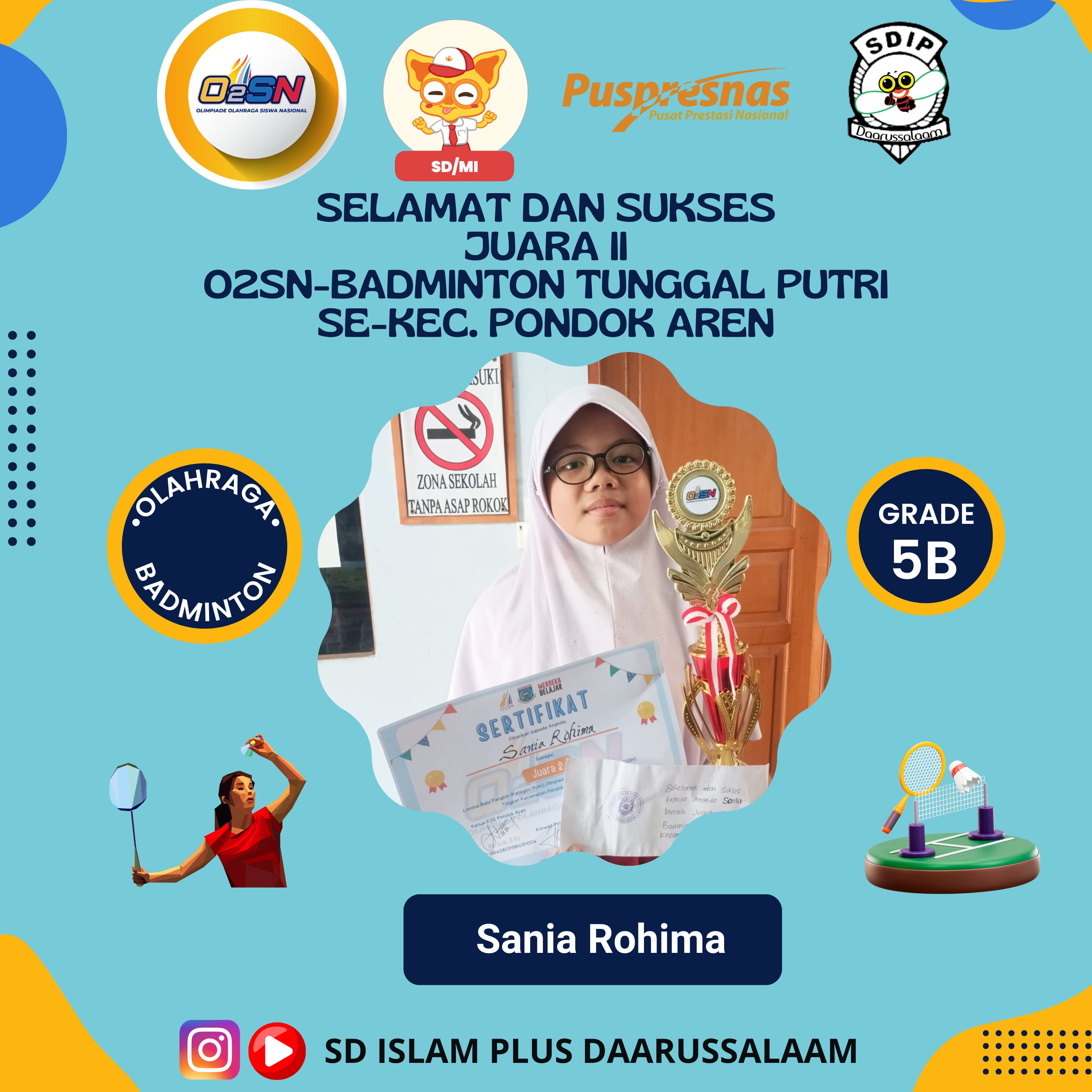 Sania Rohima Raih Juara 2 O2SN Badminton Tunggal Putri se-Kecamatan Pondok Aren!